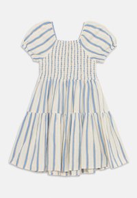 Robe rayée en crème avec des lignes bleues et jaunes, dotée de manches bouffantes, d'un corsage smocké et d'une jupe à volants pour une silhouette fluide.