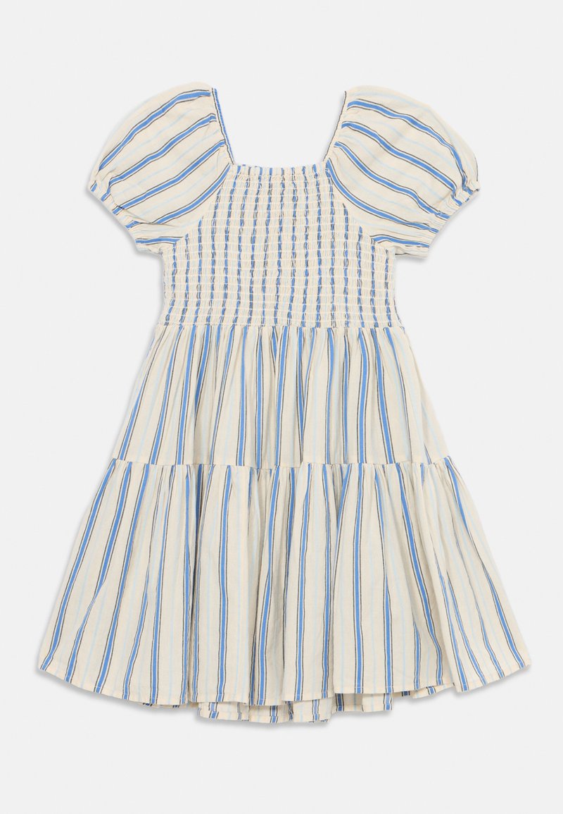 Robe rayée en crème avec des lignes bleues et jaunes, dotée de manches bouffantes, d'un corsage smocké et d'une jupe à volants pour une silhouette fluide.