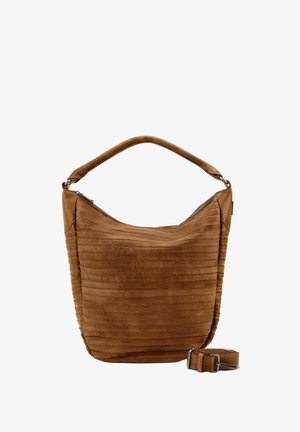 Braune Wildleder-Schultertasche mit horizontalen Nähten, Reißverschluss oben, breitem, gebogenem Griff und abnehmbarem, verstellbarem Riemen daneben.