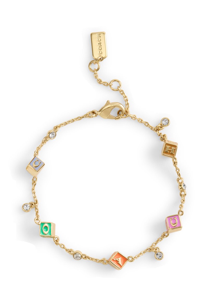 Gold-tone chain bracelet featuring colorful enamel letter blocks and small clear crystals, designed with a lobster clasp for secure closure.