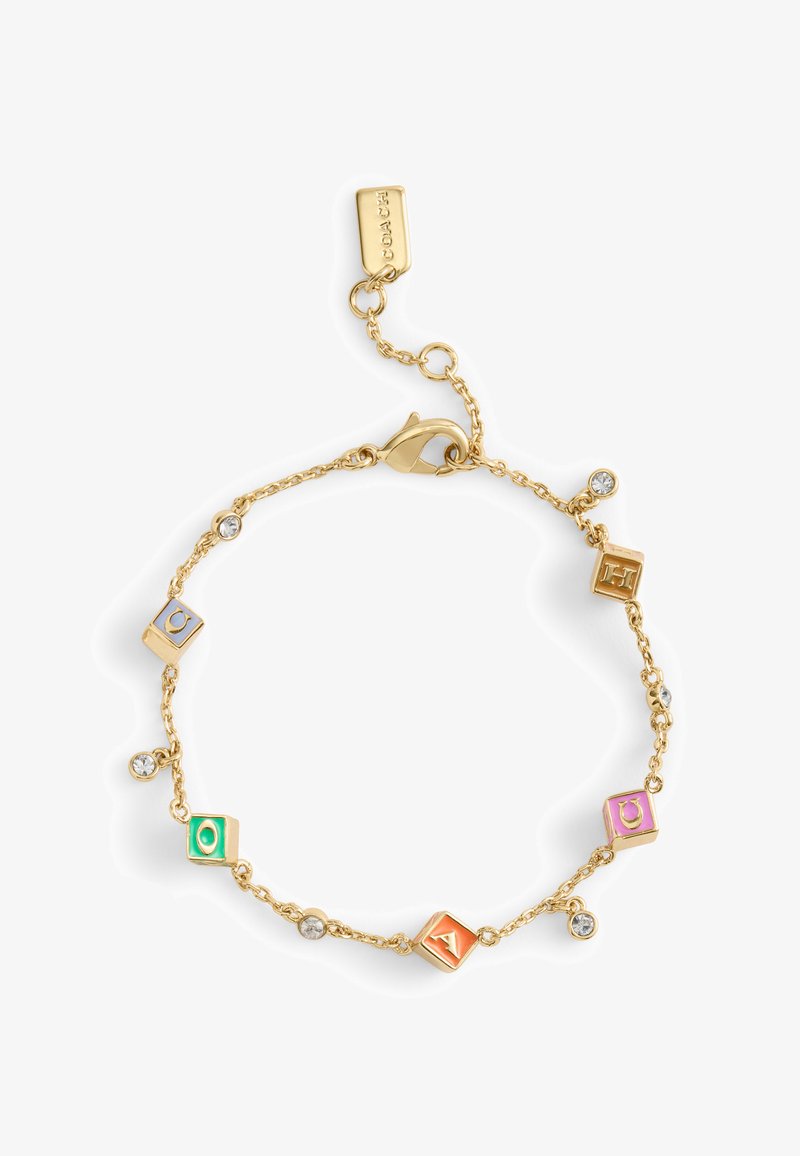 Gold-tone chain bracelet featuring colorful enamel letter blocks and small clear crystals, designed with a lobster clasp for secure closure.