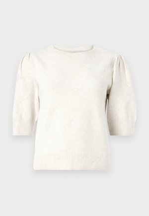 Pull en crème à manches courtes en maille douce, avec un col rond, des épaules bouffantes, et des bords côtelés sur l'ourlet et les manches.