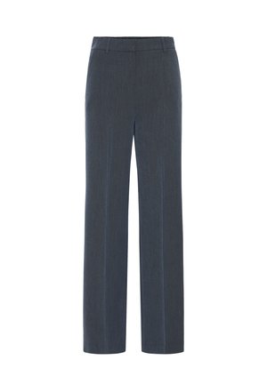 Donkergrijze rechte formele broek met ceintuurlussen en voornaad, recht van voren getoond op een witte achtergrond.