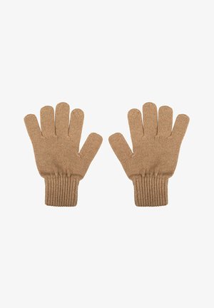 Beige knit gloves with five-finger design, ribbed cuffs, and a soft texture. Suitable for warmth and dexterity in cooler conditions.