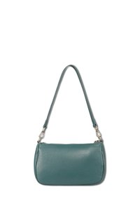 Teal leren handtas met een gladde textuur, rechthoekige vorm en een enkele verstelbare schouderband. Voorzien van metalen sluitingselementen.