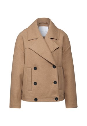 Chaqueta de lana marrón de doble pecho con botones negros, amplios solapas y dos bolsillos frontales. Textura suave y corte relajado.