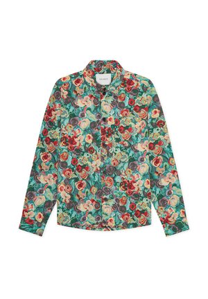 Chemise à manches longues boutonnée avec un motif floral coloré en nuances rouges, vertes, roses et jaunes, col et poche avant.