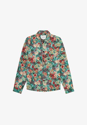 Chemise à manches longues boutonnée avec un motif floral coloré en nuances rouges, vertes, roses et jaunes, col et poche avant.