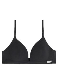 Zwarte bralette met een naadloos, driehoekig cupdesign. Voorzien van dunne verstelbare bandjes en een band zonder padding. Zachte stoftextuur.