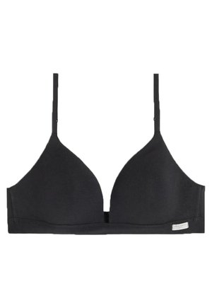 Zwarte bralette met een naadloos, driehoekig cupdesign. Voorzien van dunne verstelbare bandjes en een band zonder padding. Zachte stoftextuur.