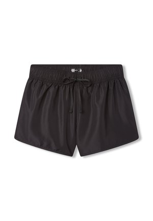 Shorts da nuoto neri realizzati in tessuto liscio e leggero. Presentano un elastico in vita con cordino e nessuna tasca o motivo visibile.