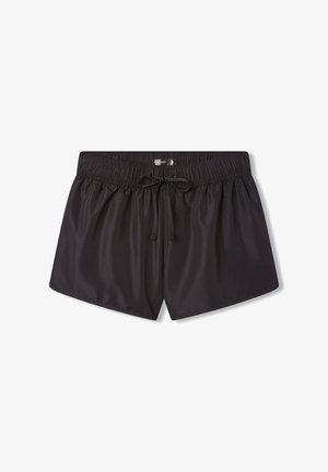 Shorts da nuoto neri realizzati in tessuto liscio e leggero. Presentano un elastico in vita con cordino e nessuna tasca o motivo visibile.