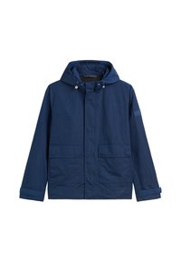 Marineblå jakke lavet af letvægtsmateriale, med hætte, to frontlommer og justerbare manchetter. Glat tekstur, minimalistisk design.