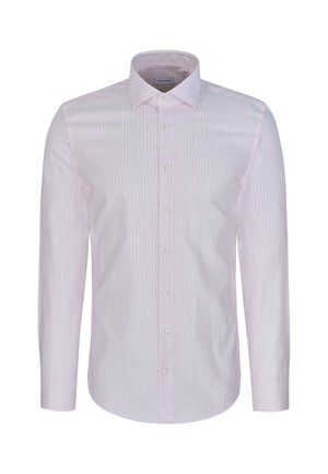 Herren Slim-Fit Langarm Hemd mit blassrosa und weißen vertikalen Streifen und klassischem Kragen, vorne geknöpft.