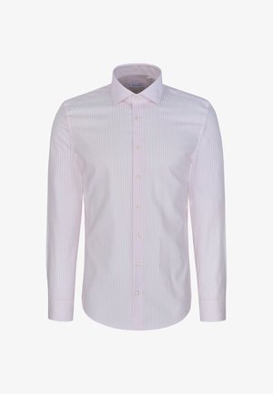 Męska koszula slim fit z długim rękawem, w jasnoróżowe i białe pionowe paski oraz klasycznym kołnierzem, zapinana z przodu na guziki.