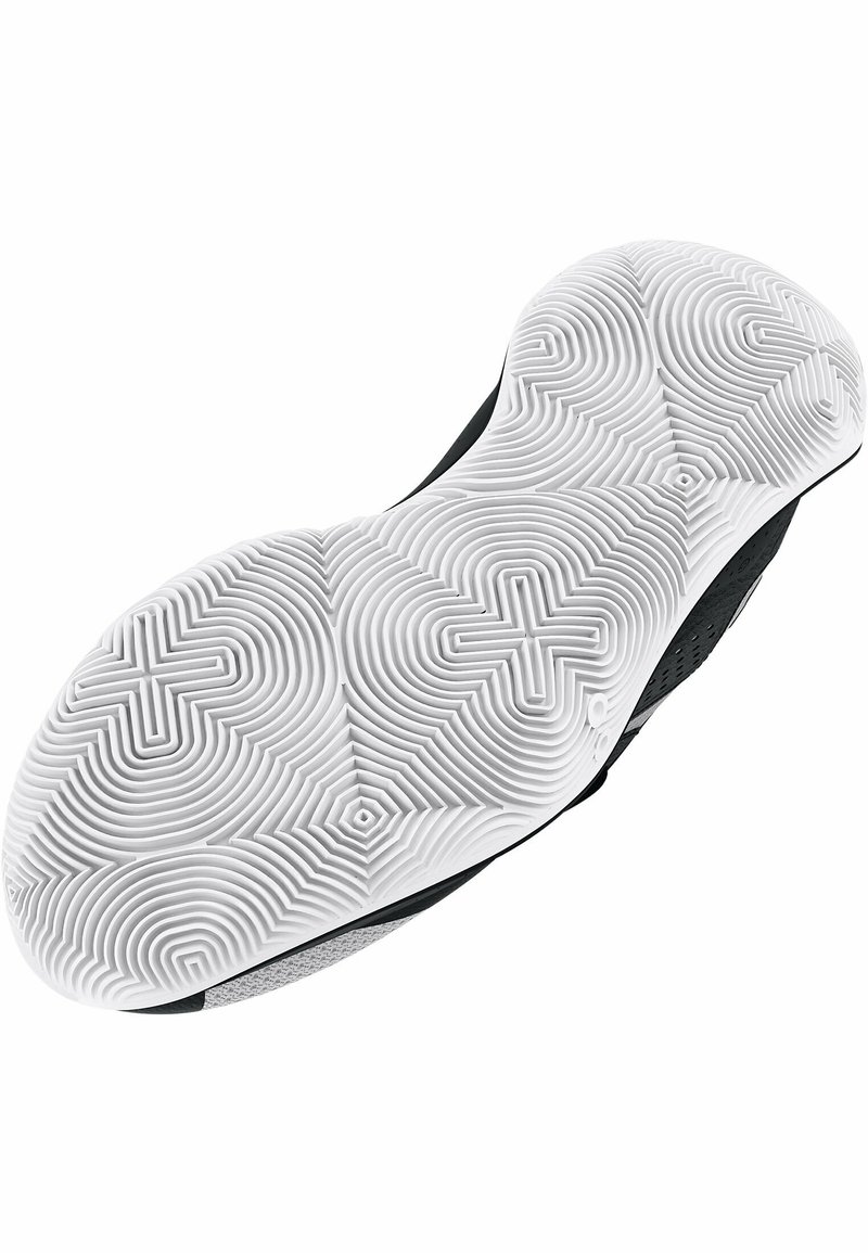 Schwarze Sportschuhsohle mit weißem Gummi, die ein filigranes Spiral- und sechseckiges Profilmuster aufweist. Strukturiert für besseren Halt, gewölbte Kanten sind zu erkennen.