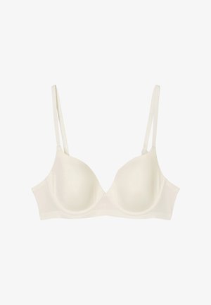 Licht crèmekleurige beugelbh met gladde, gevormde cups, verstelbare schouderbandjes en een minimalistisch ontwerp. Gemaakt van zachte, rekbare stof.