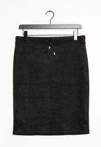 Black suede skirt with a straight design, adjustable waist drawstring, and a smooth texture. Hangs from a black metal hanger.