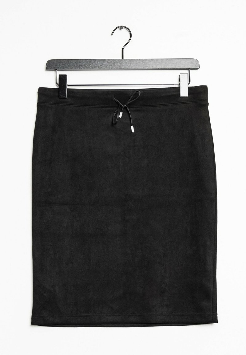 Black suede skirt with a straight design, adjustable waist drawstring, and a smooth texture. Hangs from a black metal hanger.