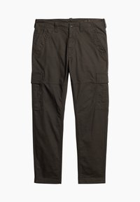 Pantalon cargo marron foncé avec passants de ceinture, poches avant et latérales à rabat, et détails de couture visibles, posé à plat sur un fond blanc.