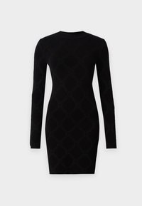 Rochie neagră cu mânecă lungă, având un model texturat cu forme de diamant, confecționată dintr-un material elastic pentru o siluetă ajustată.
