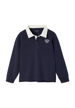 Marineblaues langärmeliges Poloshirt mit weißem Kragen und dem Schriftzug "Sunridge Hills School" auf der linken Brust.