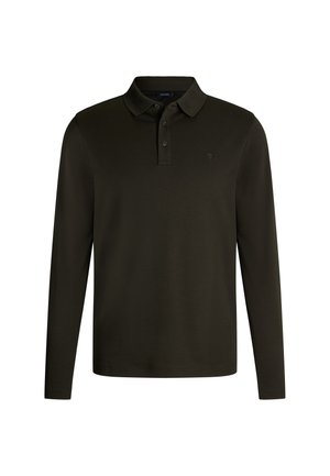 Donkergroene polo met lange mouwen en een klassieke kraag, voorzien van een knoopsluiting met drie knopen en een geborduurd logo op de borst. Soepele stofstructuur.