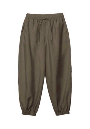 Luźne spodnie oliwkowe z elastycznym pasem i mankietami, z sznurkiem i bocznymi kieszeniami.