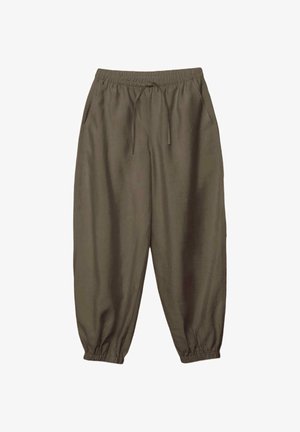Luźne spodnie oliwkowe z elastycznym pasem i mankietami, z sznurkiem i bocznymi kieszeniami.