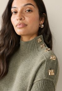 Maglione verde oliva a maglia con collo alto a coste, caratterizzato da quattro dettagli metallici dorati sulla spalla. Tessuto liscio con aspetto caldo e accogliente.