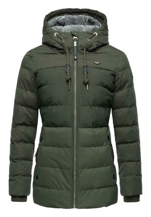 Groene pufferjack met een fleece-gevoerde capuchon, een rits aan de voorkant, twee ritszakken en elastische manchetten. Heeft een glad ontwerp van de bovenste panelen.