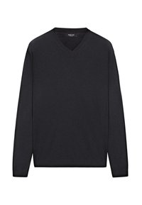 Schwarzer langer Pullover mit V-Ausschnitt, aus einem glatten, leichten Material gefertigt. Verfügt über figurbetonte Ärmel und ein einfaches, klares Design.