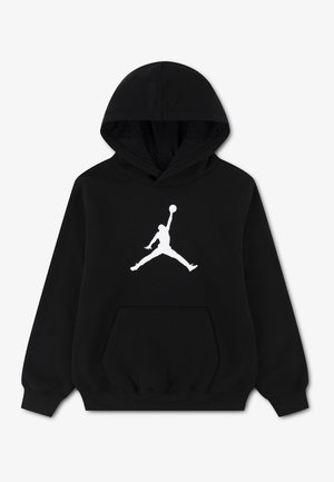 Sweat à capuche noir avec la silhouette blanche d’un joueur de basket-ball sautant et tendant le bras vers le haut, poche kangourou frontale, manches longues.