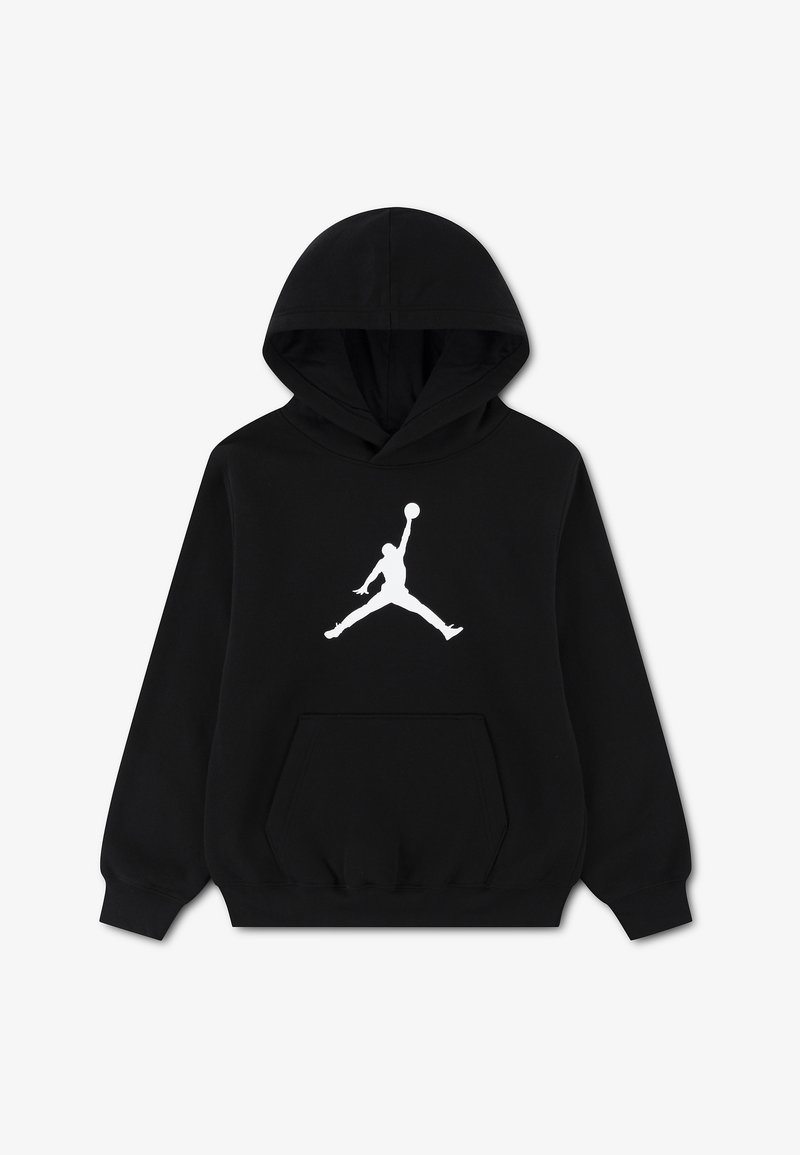 Sweat à capuche noir avec la silhouette blanche d’un joueur de basket-ball sautant et tendant le bras vers le haut, poche kangourou frontale, manches longues.