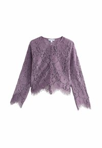Lavendel Spitzenstrickjacke mit langen Ärmeln, rundem Ausschnitt, vorderem Knopfverschluss und gewellten Saumkanten mit Blumenmustern.