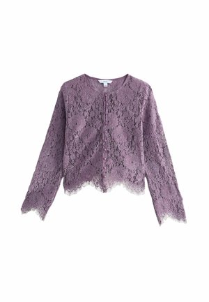 Lavender lace cardigan featuring long sleeves, a round neckline, front button closure, and scalloped hem edges with floral patterns.