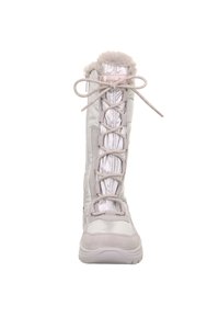 Světle šedá, holenní bota do kolen vyrobená z umělého materiálu, s plyšovou podšívkou, dekorativními tkaničkami a bočním zipem pro snadné obutí. Kulatá špička a texturovaná podrážka.