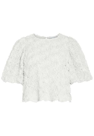 Λευκό μπλουζάκι με κοντά μανίκια, υφασμένους ρόδινους λουλουδένιους μοτίβους, στρογγυλή λαιμόκοψη και κυματιστό τελείωμα.