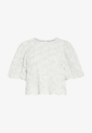 Weiße Bluse mit kurzen Ärmeln, strukturierten Rosenblumenmustern, rundem Ausschnitt und wellenförmigem Saum.