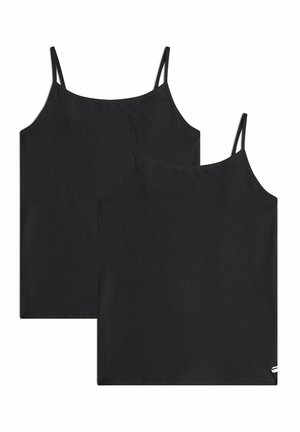 Twee zwarte mouwloze tanktops met dunne schouderbandjes, plat en licht overlappend weergegeven op een witte achtergrond.
