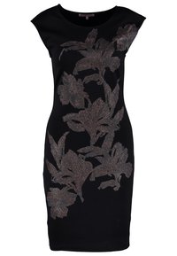 Black dress with short cap sleeves, fitted shape, featuring a metallic floral design in silver and bronze across the front.
