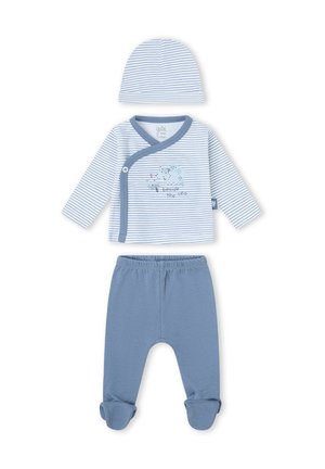 Conjunto de ropa para bebé con camiseta de manga larga a rayas azul y blanca con gráfico de elefante, pantalones azules con pies y gorro a juego a rayas.