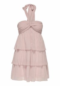 Rosa, gestuftes Kleid mit Halsband und gerafftem Oberteil. Hergestellt aus leichtem Stoff, verfügt es über eine fließende Silhouette und strukturierte Lagen.