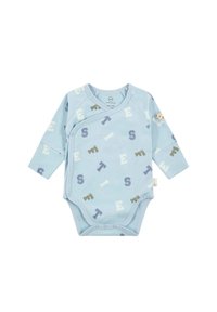 Světle modrý body pro miminka s dlouhými rukávy a překládaným designem, zdobený různými písmeny a kreslenými zvířaty v různých barvách. Zapínání na patentky ve spodní části.