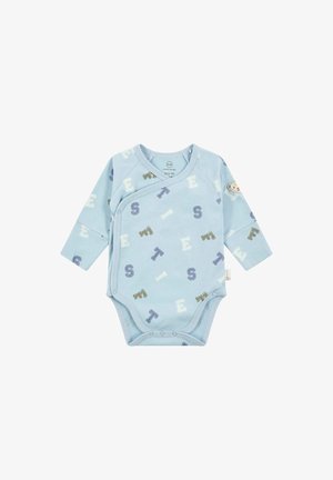 Bodysuit pour bébé à manches longues de couleur bleu clair avec un design enveloppant, orné de lettres variées et d'animaux de dessin animé dans différentes couleurs. Fermeture à pression à la base.