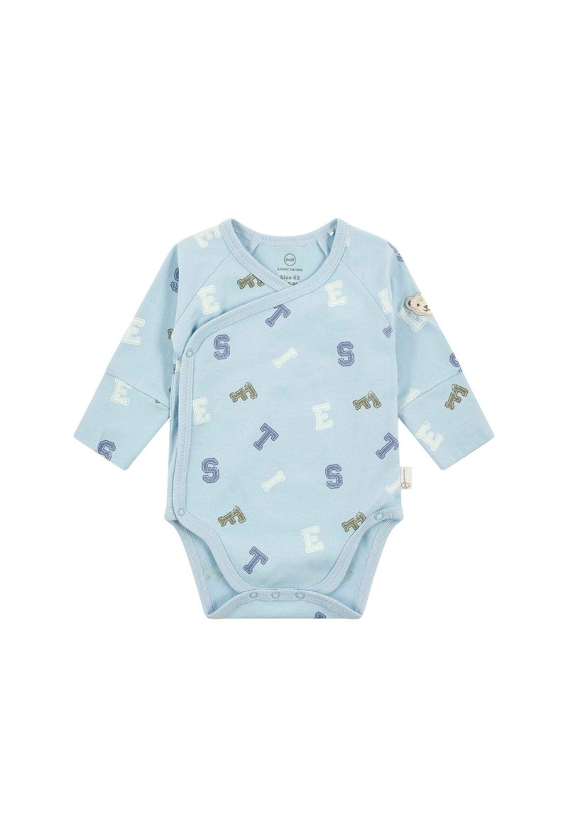 Světle modrý body pro miminka s dlouhými rukávy a překládaným designem, zdobený různými písmeny a kreslenými zvířaty v různých barvách. Zapínání na patentky ve spodní části.