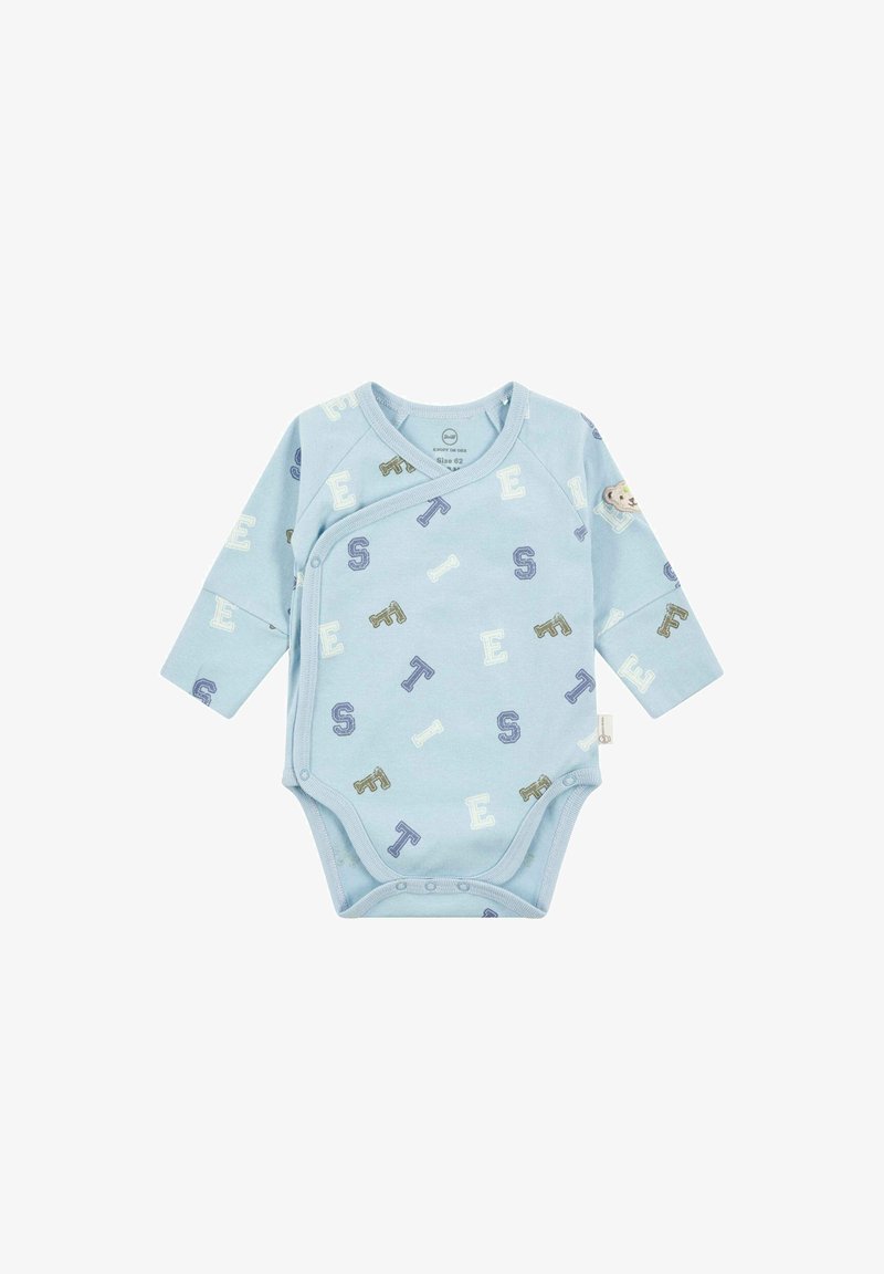 Světle modrý body pro miminka s dlouhými rukávy a překládaným designem, zdobený různými písmeny a kreslenými zvířaty v různých barvách. Zapínání na patentky ve spodní části.