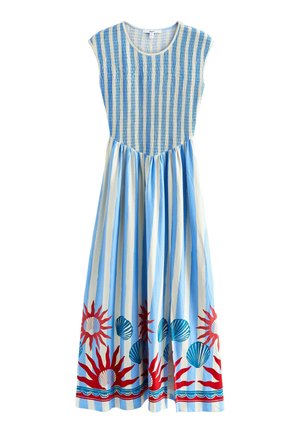 Varrukateta sinine ja valge triibuline maksikleit, kus on punased päikese ja sinised karbimustrid äärel.