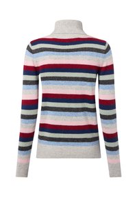 Pull en rayures multicolores avec col montant ; présente des nuances de gris, bleu, rouge et rose ; texture côtelée et manches longues.