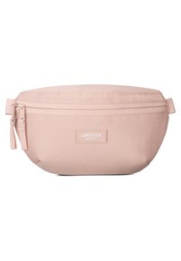 Pochette in tessuto rosa pallido con forma arrotondata, dotata di zip superiore e di una piccola etichetta con logo sul fronte. Texture liscia e design minimalista.